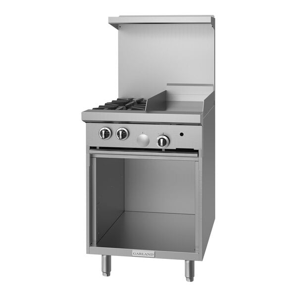 A stainless steel Garland commercial gas range with 2 burners, a griddle, and a storage base.