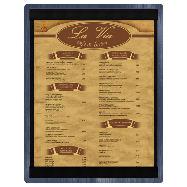 A Menu Solutions wood menu board with top and bottom strips on a white background.