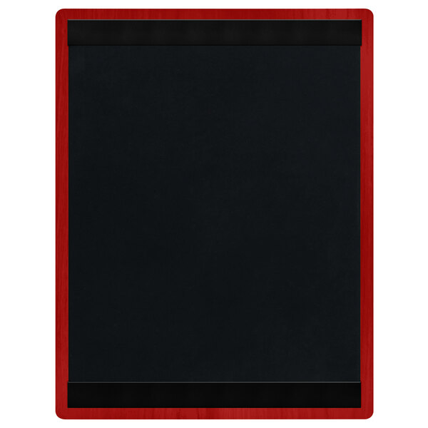 A black wood menu board with red wood strips at the top and bottom.
