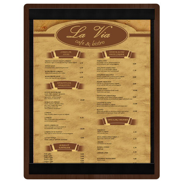 A walnut wood menu board with black text on white paper.