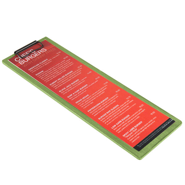 A Menu Solutions customizable wood menu clip board with a lime finish holding a menu.