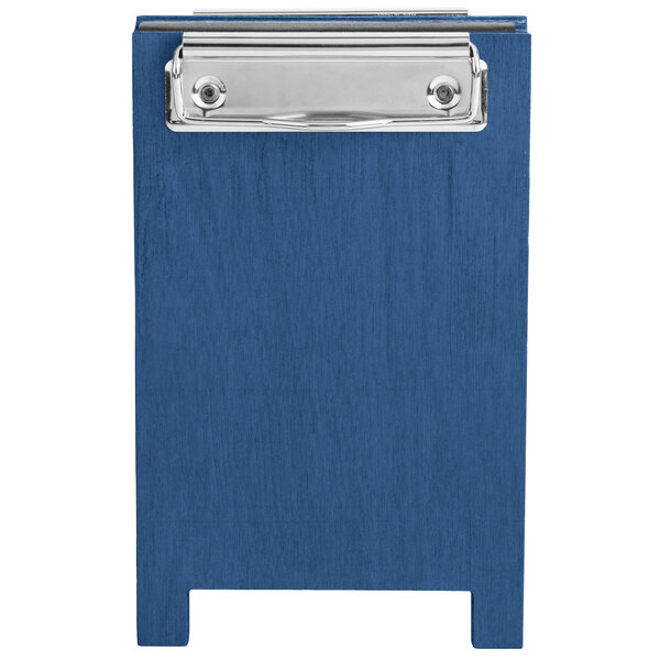 A blue wooden Menu Solutions sandwich menu board with a silver clip.