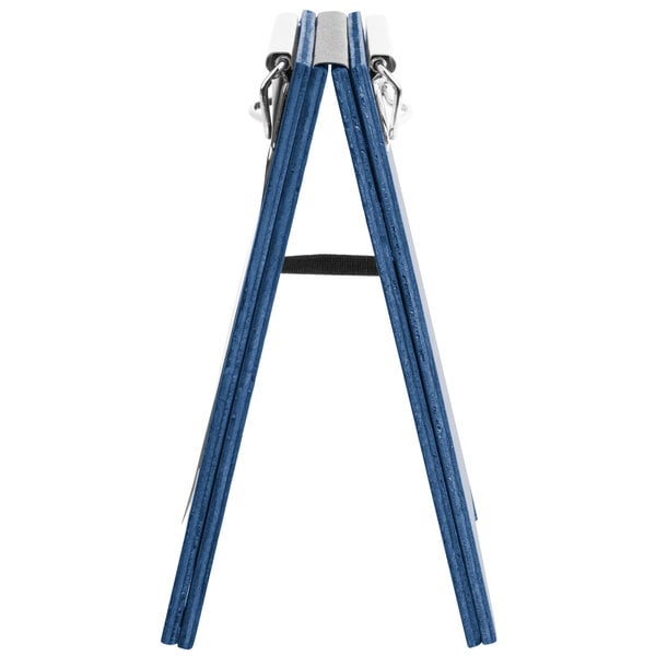 A blue wood menu board tent with a clip.