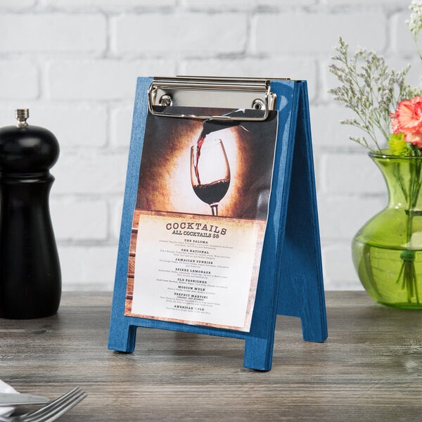 Menu Solutions WDSD-CL-A 4" x 6" True Blue Wood Sandwich Menu Board Tent with Clip