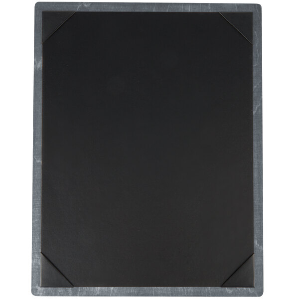 A black wood menu board with picture corners.