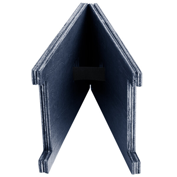 A blue wooden Menu Solutions sandwich menu board with a black clip.