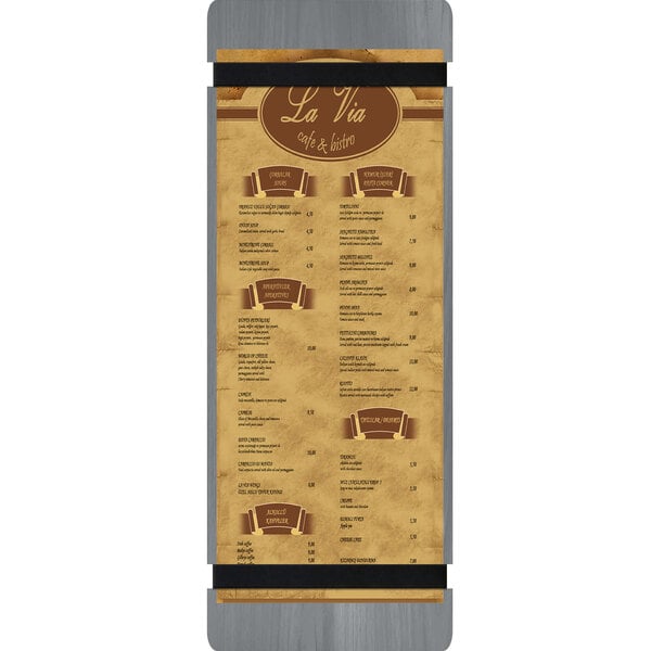 A Menu Solutions wood menu board with a brown and tan design and rubber band straps.