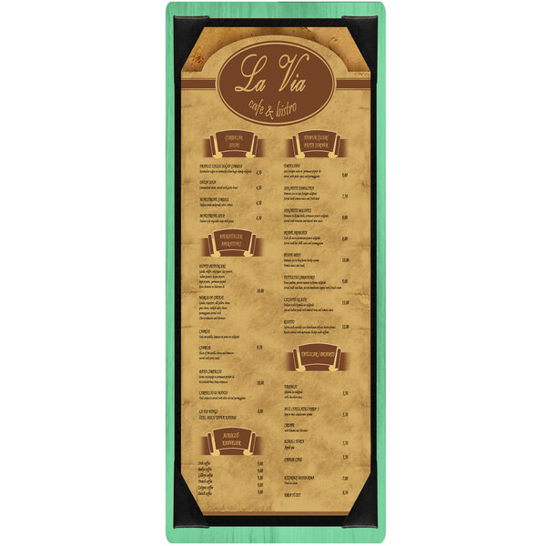 A white wood menu board with washed teal picture corners.