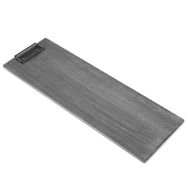 A black rectangular wood menu clip board with a black clip.