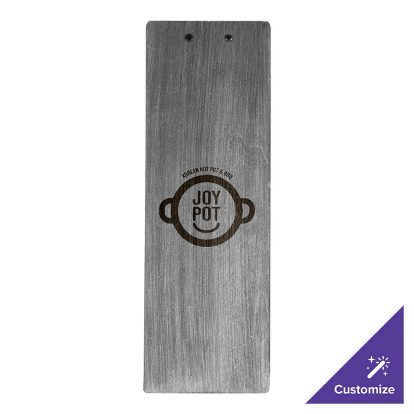 A wood clip board with a logo on it.