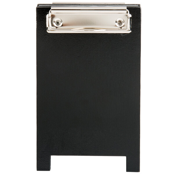A black wood Menu Solutions table tent with a silver metal clip.