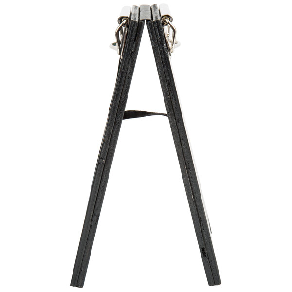 A black wooden Menu Solutions sandwich menu board with metal clips.