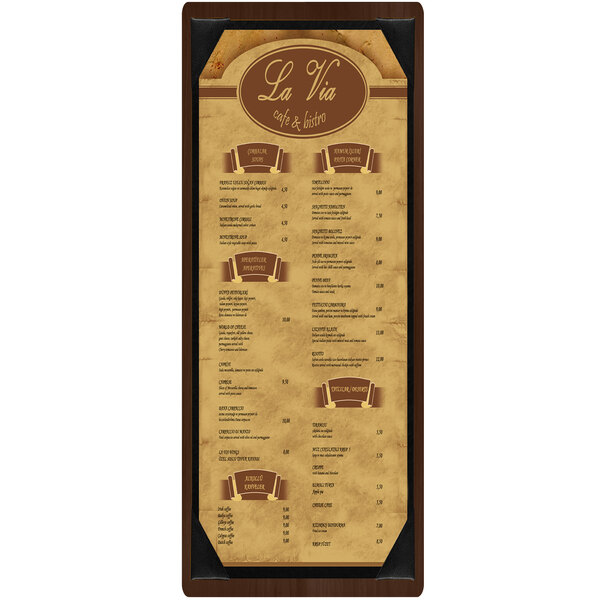 A walnut wood menu board with picture corners.