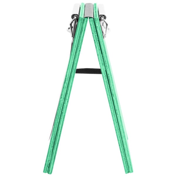 A teal wooden Menu Solutions table tent with a clip.