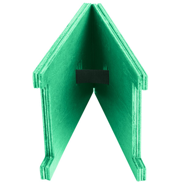 A teal wooden rectangular menu tent with a black clip strap.