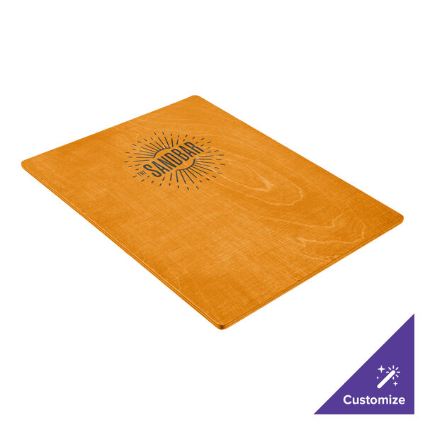 A close up of a Menu Solutions Country Oak wood board with picture corners on a table.