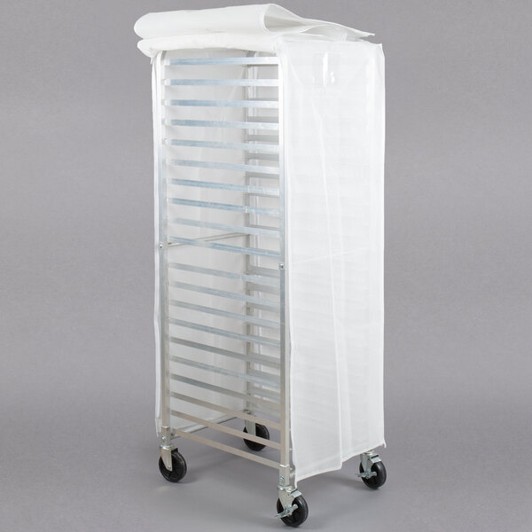A Curtron white breathable mesh cover on a bun pan rack.