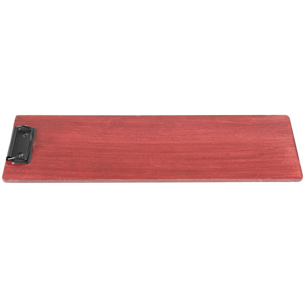 A red rectangular wood menu clip board with a black clip.