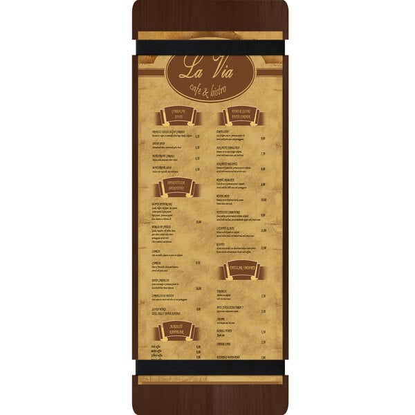 A Menu Solutions wood menu board with a brown and tan background and rubber band straps.