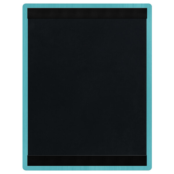 A sky blue wood menu board with top and bottom strips on a white background.