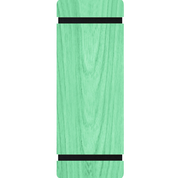 A green wood menu board with black rubber band straps.