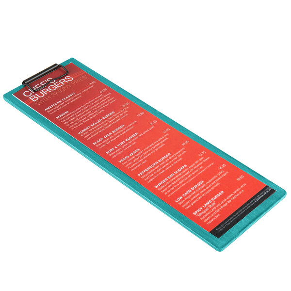 A blue wooden clipboard with a red menu on it.