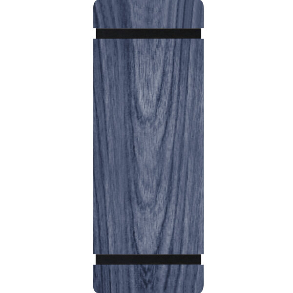 A blue wood menu board with black rubber band straps.
