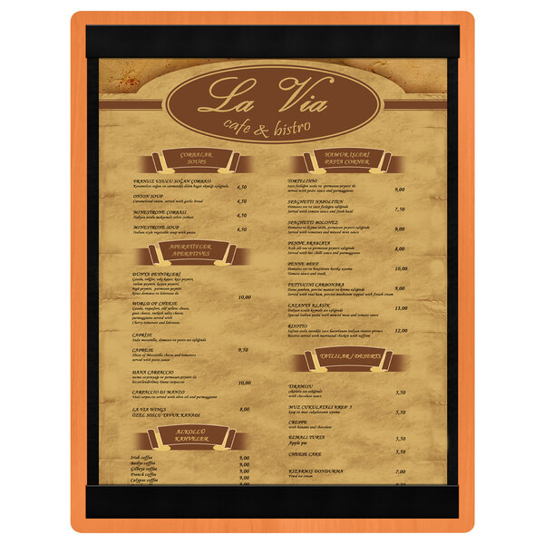 A customizable wood menu board with top and bottom strips on a brown frame.