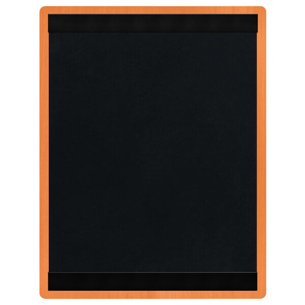 A white rectangular wood menu board with a black board and orange border.