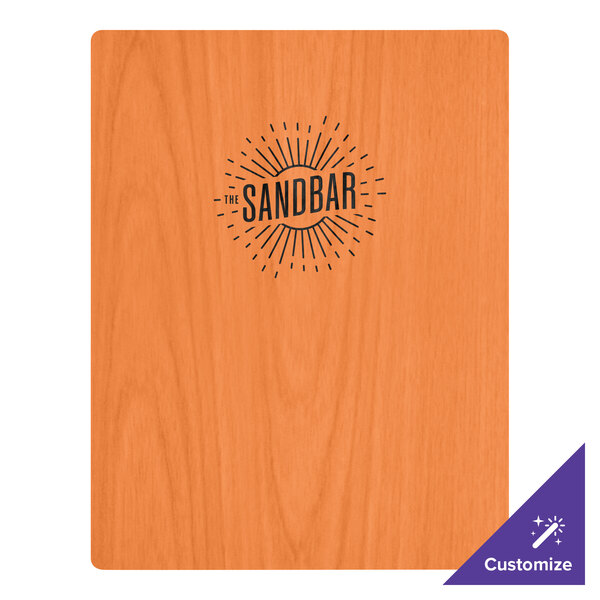 A wooden Menu Solutions wood menu board on a table with a logo on it.