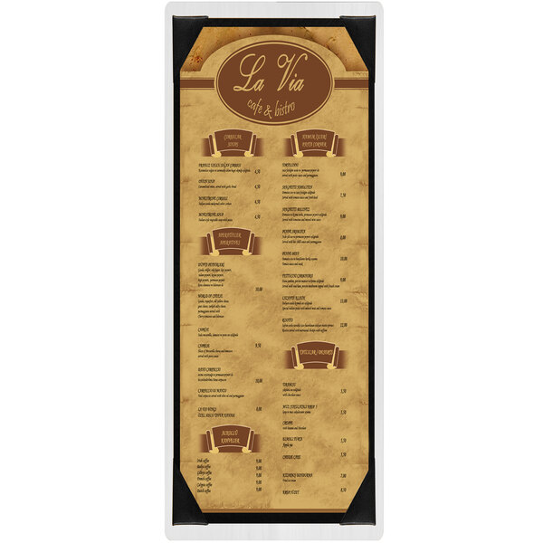 A white Menu Solutions wood menu board with picture corners.