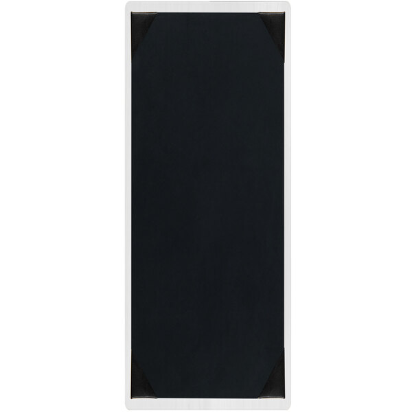 A white rectangular wood menu board with black lines and black corners.
