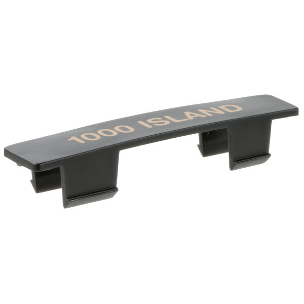 A black Tablecraft polypropylene dispenser tag with orange text reading "Thousand Island"