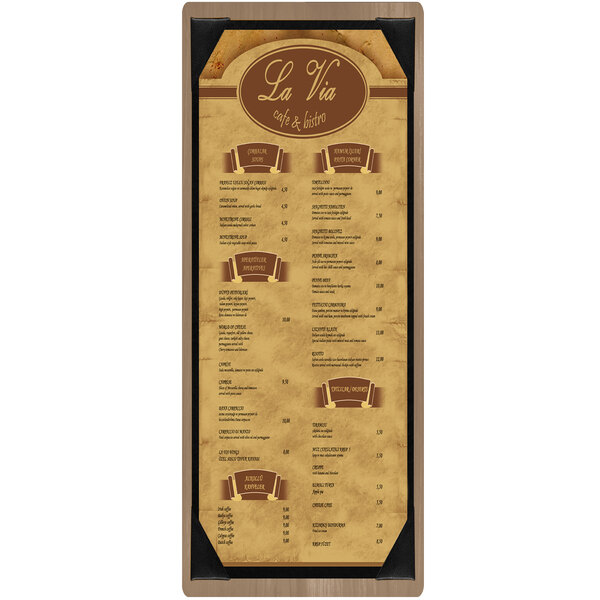 A weathered walnut wood menu board with picture corners on a white background.