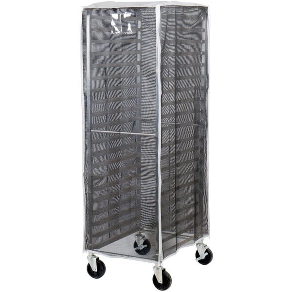 A black Curtron Supro breathable mesh cover on a bun pan rack.