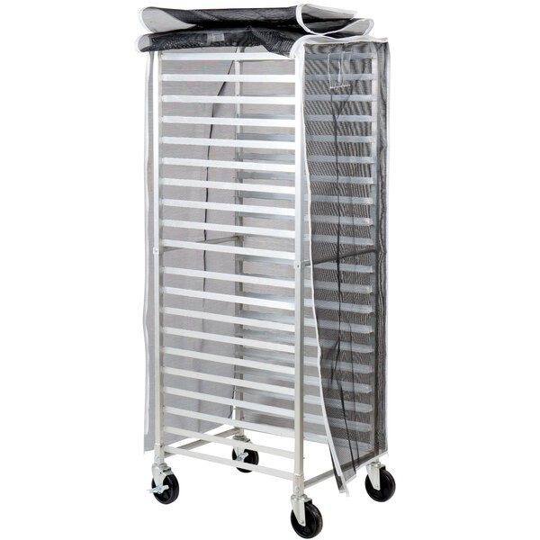 A Curtron black breathable mesh cover on a metal rack.