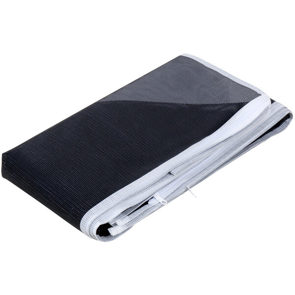A folded black Curtron bun pan rack cover with white mesh.
