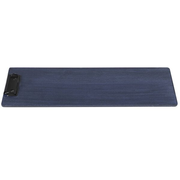 A blue rectangular wood board with a black clip.