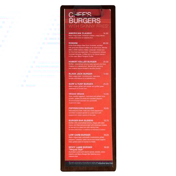 A customizable wood menu clip board holding a menu.