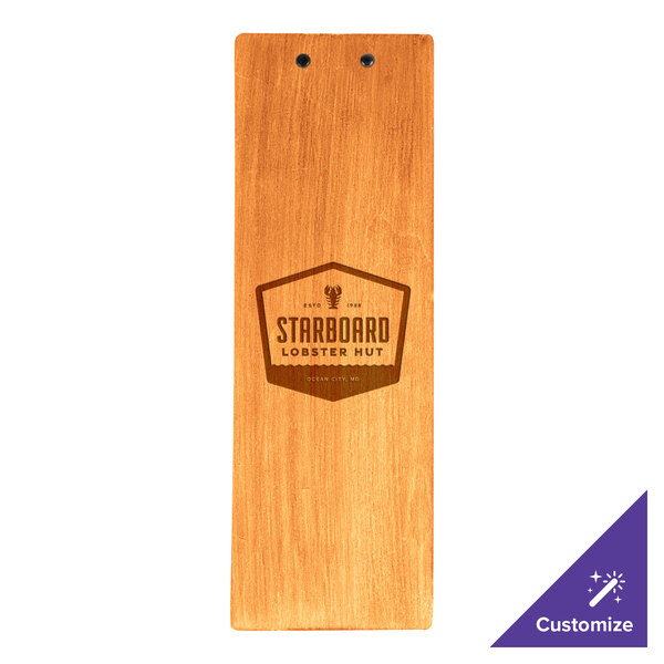 A wooden Menu Solutions wood clipboard with a logo on it.