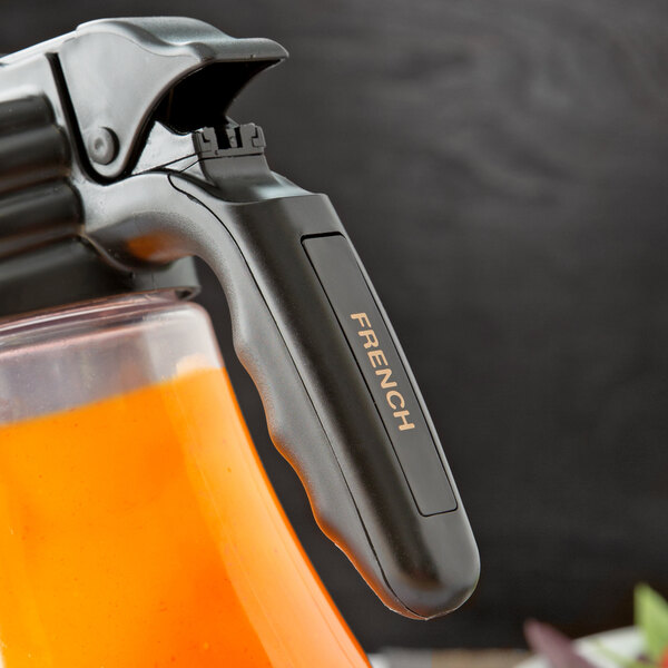 A Tablecraft black polypropylene dispenser tag with orange "French" print.