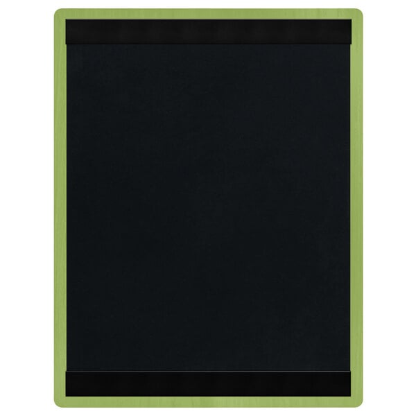 A black wood menu board with a green border and green and yellow rectangles.