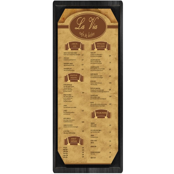 A wood Menu Solutions menu board with black wood and gold trim and picture corners.