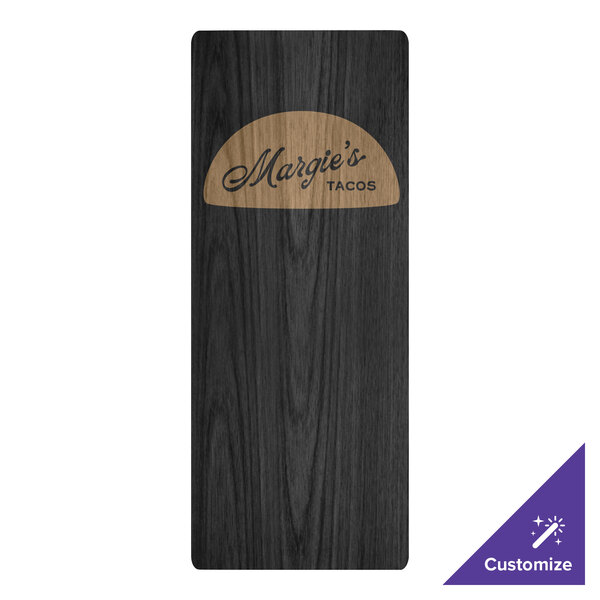 A black wood Menu Solutions menu board on a table with a wooden wine bottle and a logo.