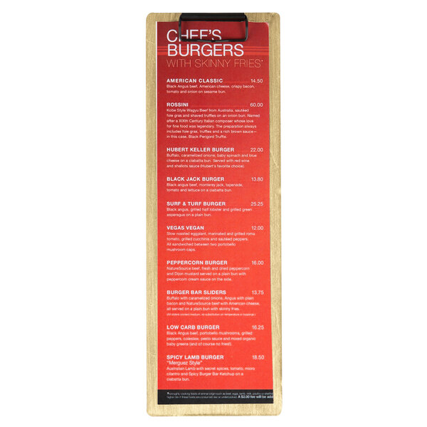 A customizable wood menu clip board holding a menu with white paper and black text.