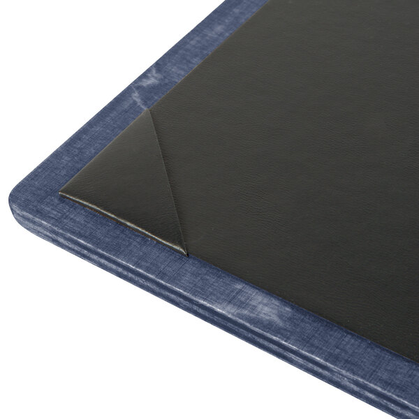 A black and blue Menu Solutions wood board with blue picture corners.