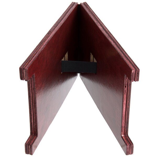 A mahogany wood triangle menu board with clip.