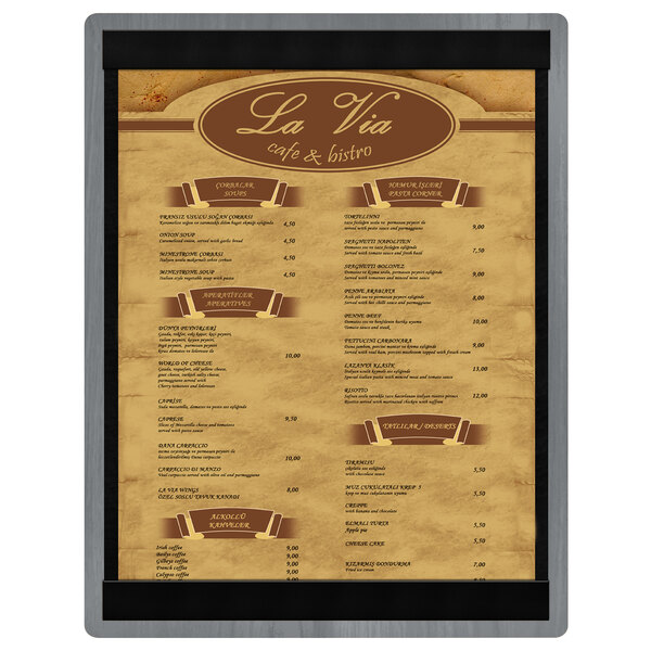 A brown wood menu board with white text and top and bottom strips.