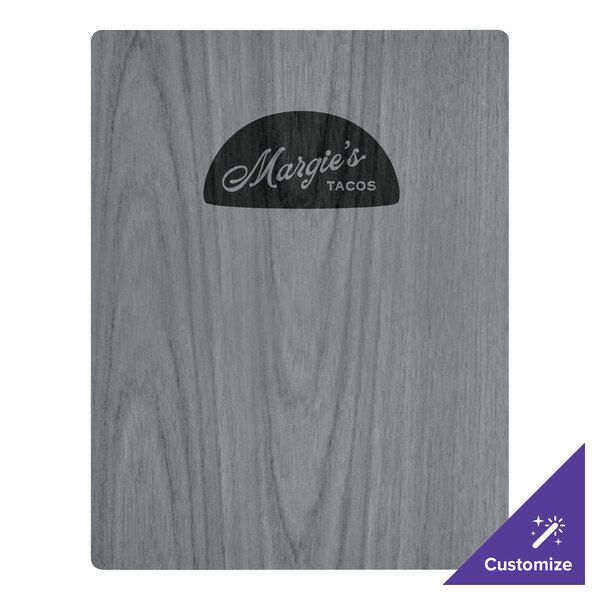A grey wood Menu Solutions wood surface with a logo on it.
