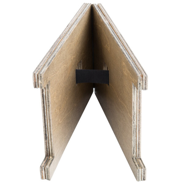 A weathered walnut wood menu board tent with a clip.